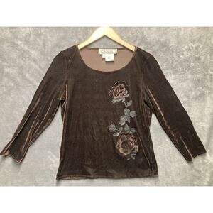 Vintage Carlisle Blouse Womans M Brown Velvet Embroidered Floral Elegant Classy